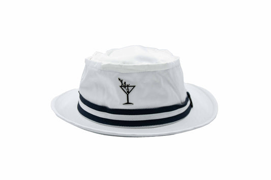 A bucket hat with martini logo in the center. Jax text is written on the top of the logo