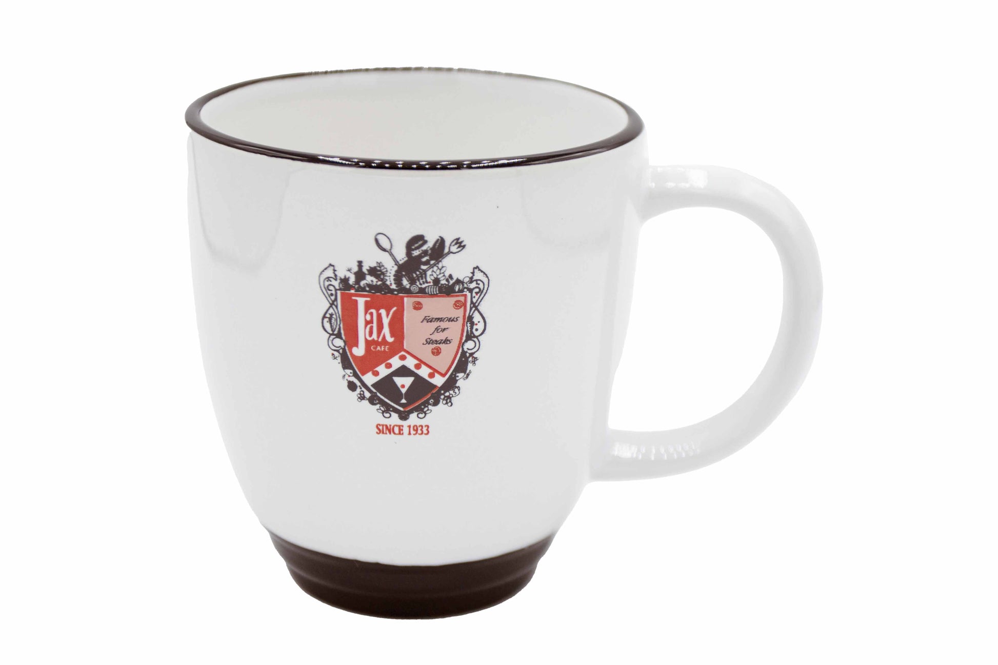 A coffee mug with the text "jax Cafe famous for steaks since 1933"